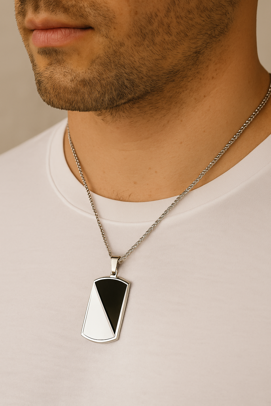 Rectangular sliver and black colored Pendent chain for men