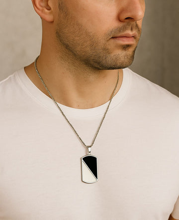 Rectangular sliver and black colored Pendent chain for men