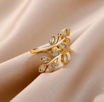 Zircon Double Leaves Ring for Women Anti tranish Gold Plated Adjustable size