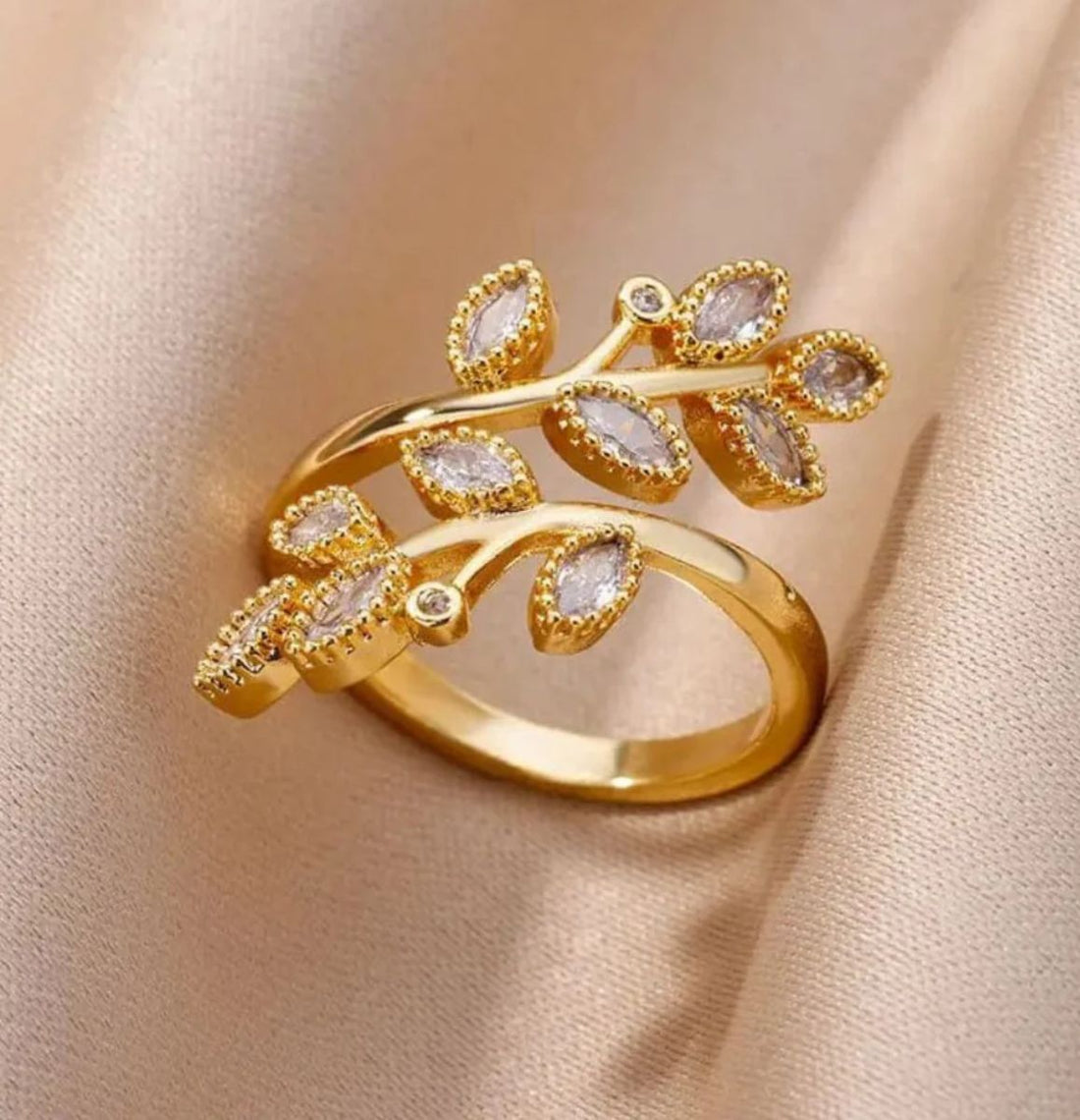 Zircon Double Leaves Ring for Women Anti tranish Gold Plated Adjustable size