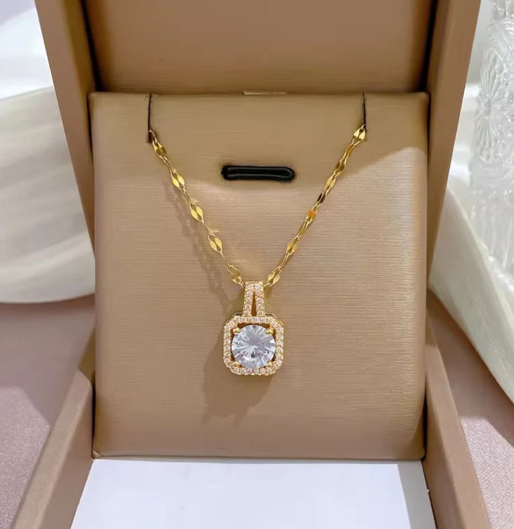 Gold Plated Square Shape AD Stone Necklace